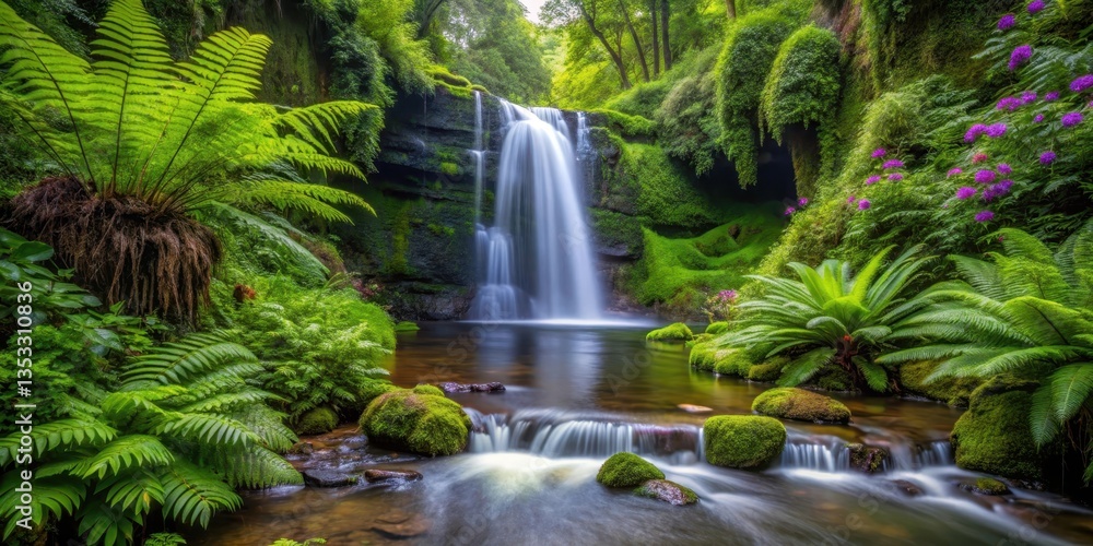 A serene waterfall flowing through a lush green forest with ferns and wildflowers surrounding it A serene waterfall flowing through a lush green forest with ferns and wildflowers surrounding it