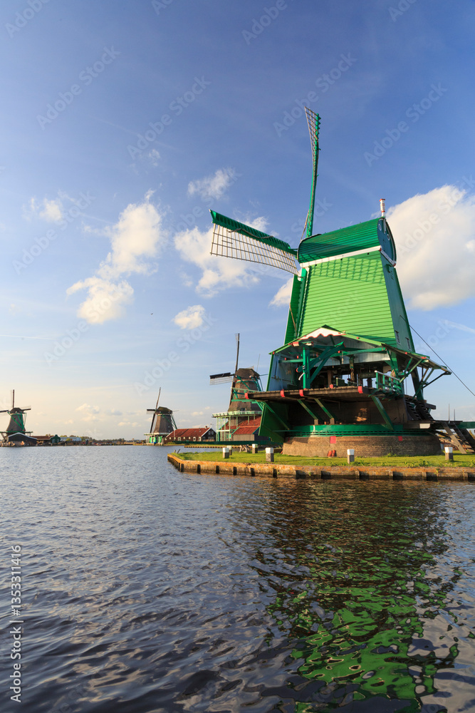 Europe, Netherlands, Holland. Typical windmills from the Zaandam area.