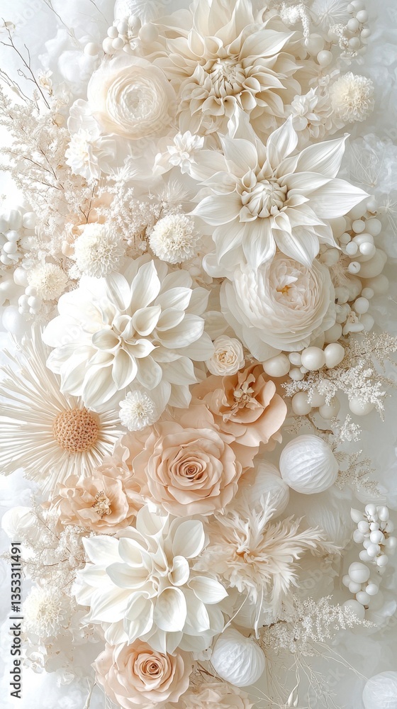 A stunning arrangement of delicate, white and peach flowers, showcasing elegance and beauty in a soft, artistic design. A stunning arrangement of delicate, white and peach flowers, showcasing elegance and beauty in a soft, artistic design.