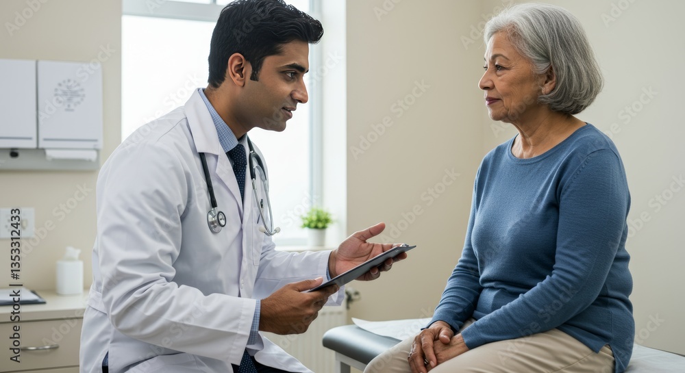 Obraz premium Compassionate physician consulting senior patient about healthcare on tablet