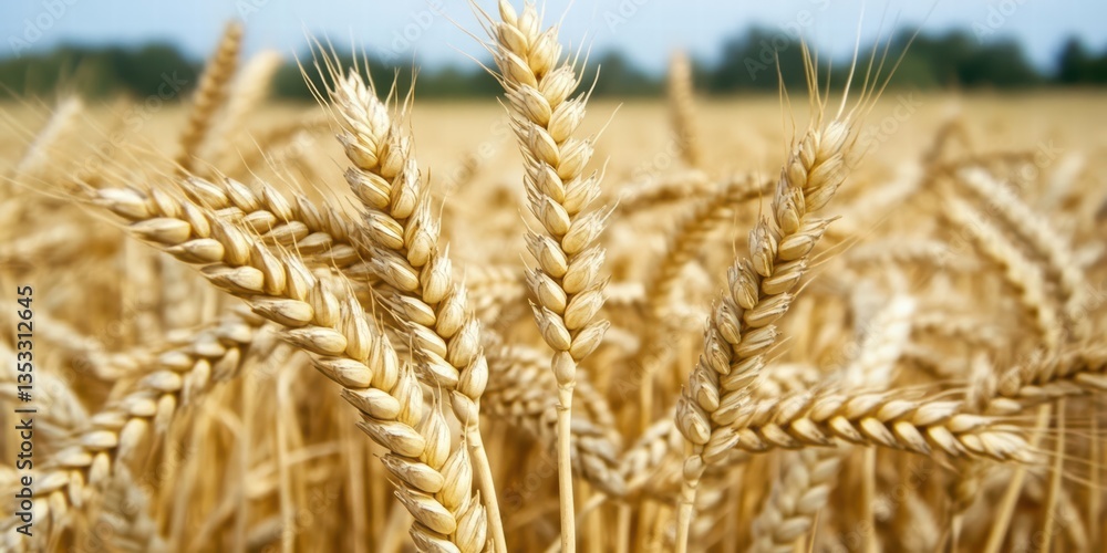Close-Up of Golden Wheat Ears Against a Soft Blue Sky Background