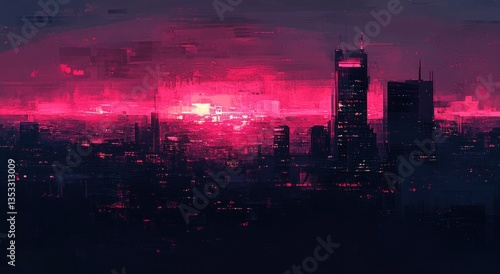 Wallpaper Mural A Futuristic Cityscape Dominated By A Vibrant Pink Sunset Torontodigital.ca
