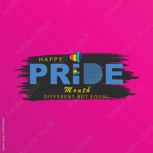 Happy Pride Month Typography with Black Brushstroke and Rainbow Heart