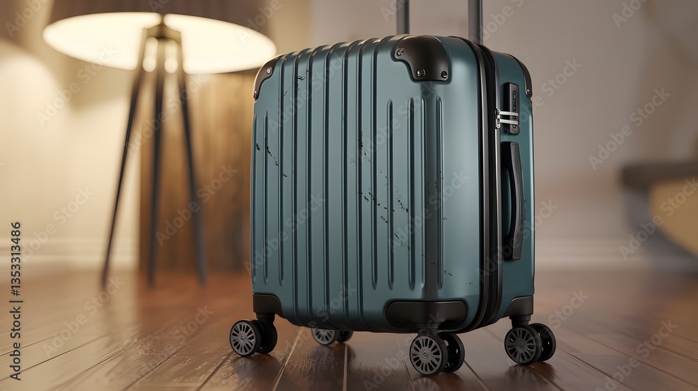 Naklejka premium Sleek metallic suitcase with scratches standing on polished wooden floor near lamp in stylish interior