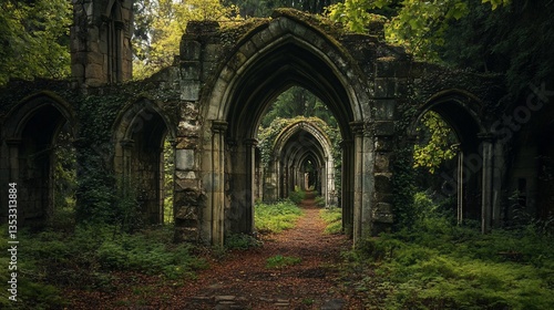 Mysterious Stone Arches of an Ancient Ruin Embraced by Lush Green Nature