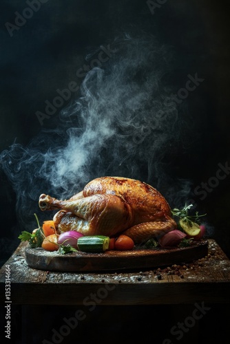 Roasted chicken with vegetables, steaming, dark background, food photography (2)