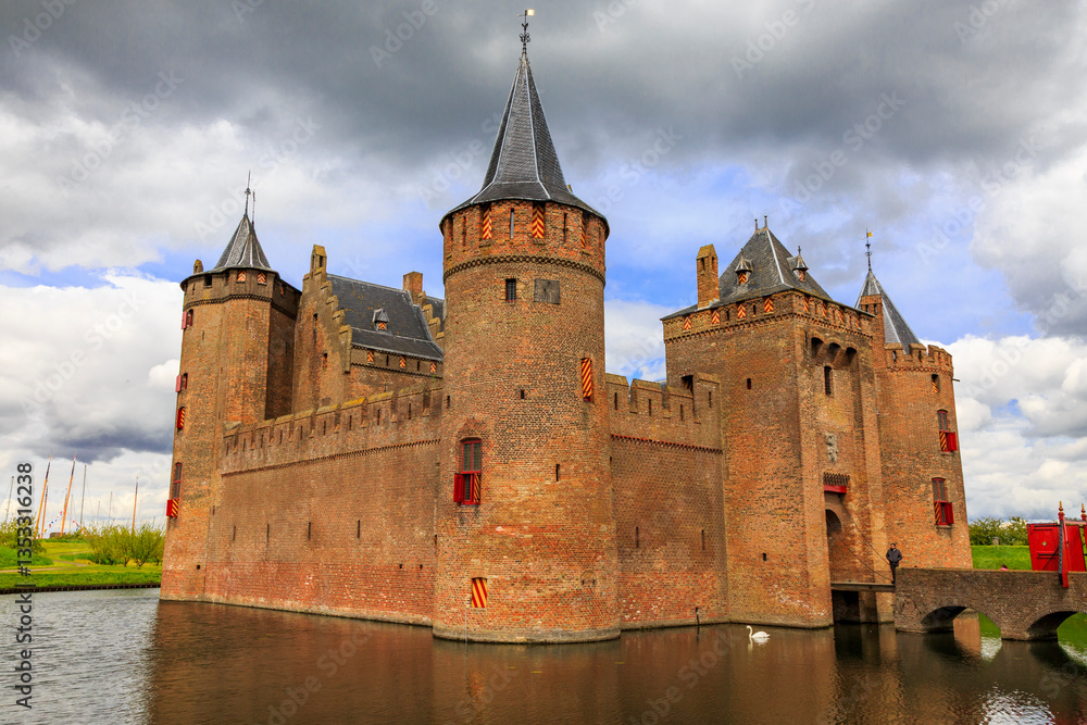 Europe,Netherlands, Muiden. Muiderslot Castle located on Vecht river. Fortress for water defense.