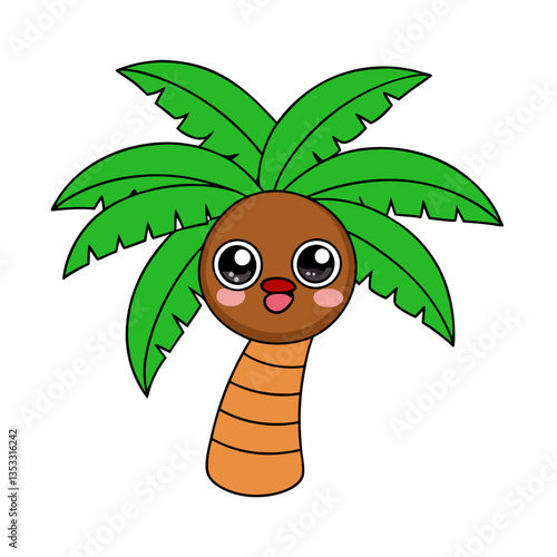 A cute and cheerful palm tree with big coconut eyes, waving happily in a tropical paradise. Perfect for playful and kawaii-style designs