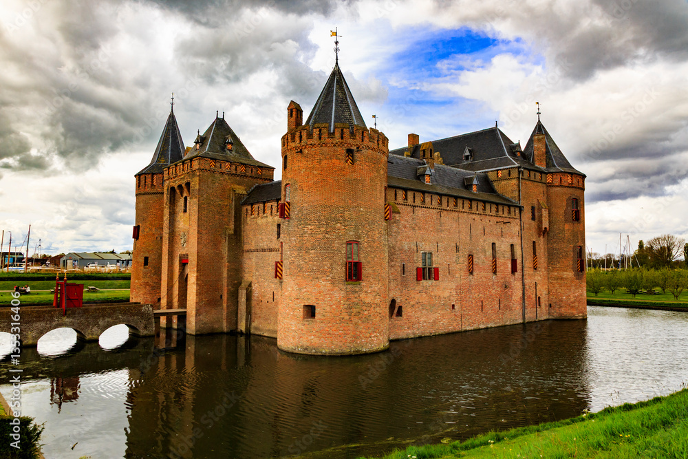 Europe,Netherlands, Muiden. Muiderslot Castle located on Vecht river. Fortress for water defense.