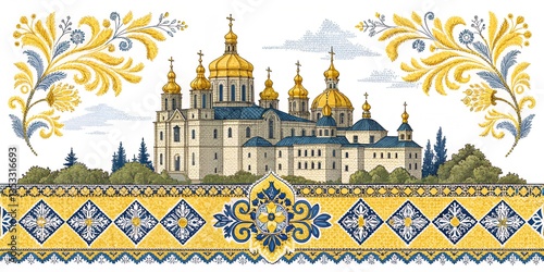 Cross-Stitch Embroideried Seamless Border with Ornate Element. Ethnic Motif, Handmade Stylization. Traditional Ukrainian Yellow and Blue Embroidery. Ethnic Design Element. Vector 3d Illustration 

