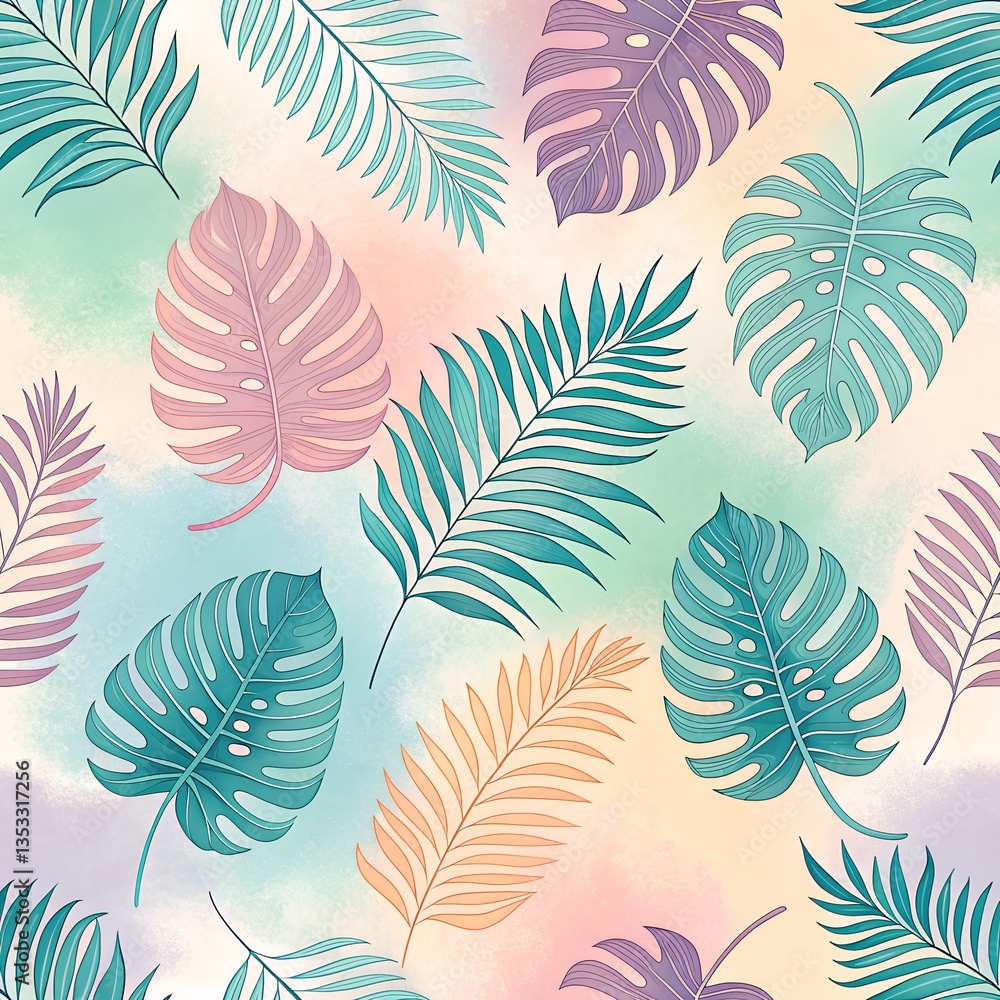 Fototapeta premium A seamless tropical pattern featuring palm, monstera, and fern leaves in a gradient of pastel colors, blending into a dreamy, soft background 
