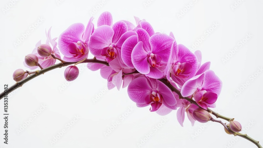 Branch of Vibrant Pink Orchids with Delicate Petals Against a Soft White Background Branch of Vibrant Pink Orchids with Delicate Petals Against a Soft White Background