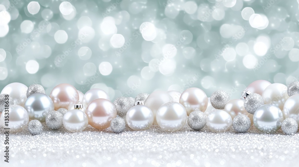 Festive Pearl Silver Christmas Ornaments Sparkling Bokeh Background Festive Pearl Silver Christmas Ornaments Sparkling Bokeh Background