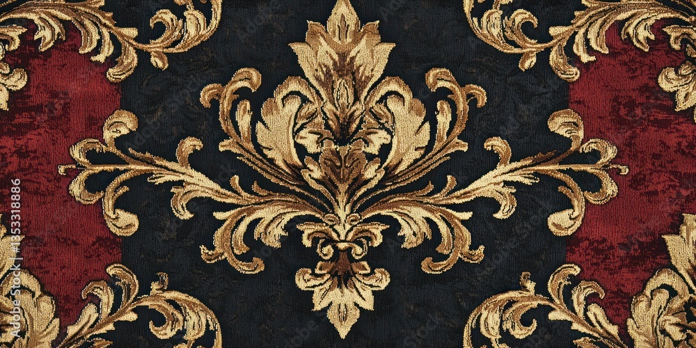 A rich, tapestry-style design with gold baroque motifs and classic fashion colors A rich, tapestry-style design with gold baroque motifs and classic fashion colors