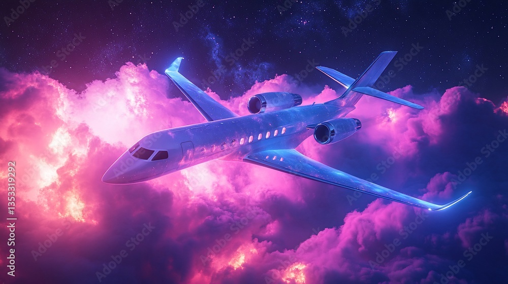 Fototapeta premium Private Jet Soaring Through a Vibrant Galaxy Cloudscape Dreamscape
