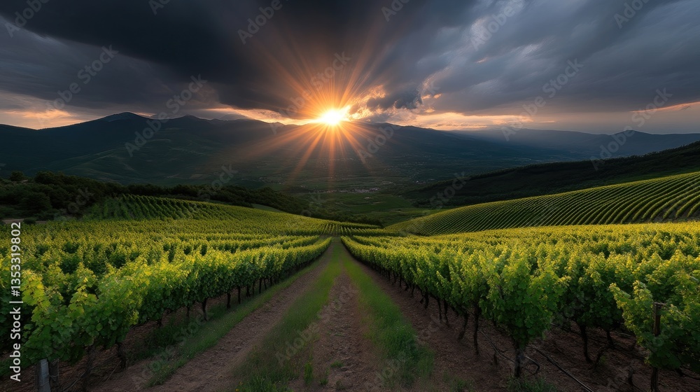 Fototapeta premium Stunning vineyard landscape at sunset, vibrant green vines stretching across rolling hills, dramatic clouds and sun rays