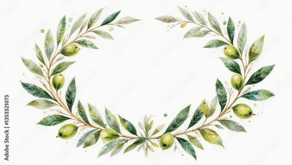 Decorative Olive Branch Wreath with Green Leaves and Ripe Olives in Watercolor Style Decorative Olive Branch Wreath with Green Leaves and Ripe Olives in Watercolor Style