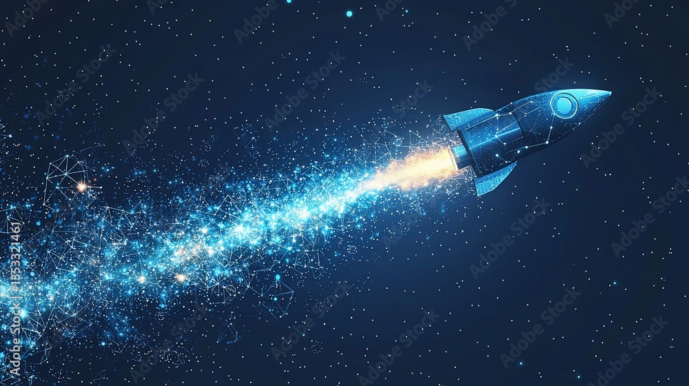 Obraz premium Futuristic rocket launching into space, leaving glowing trail.