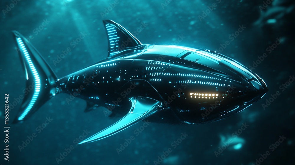 Naklejka premium Futuristic Cybernetic Shark Gliding Through a Teal Lit Underwater World