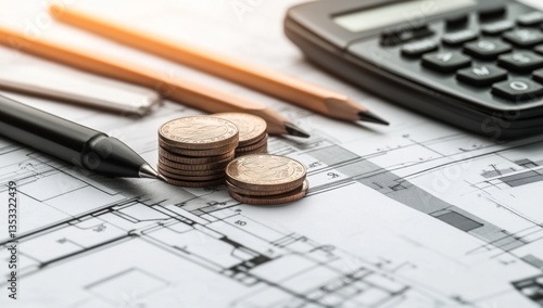 Financial planning for construction projects.  Stacks of coins, pencils, calculator and architectural blueprints