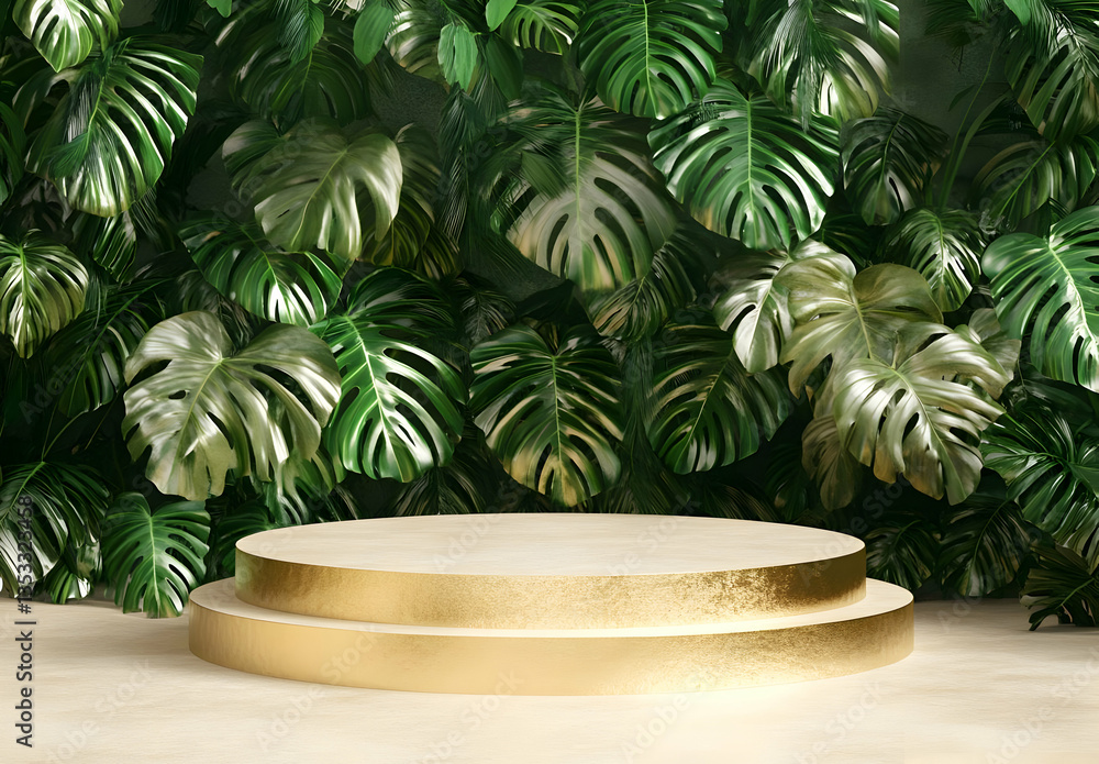 Elegant Golden Podium with Pastel Steps in Lush Greenery Setting Elegant Golden Podium with Pastel Steps in Lush Greenery Setting
