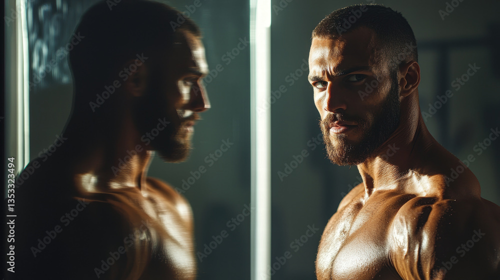muscular man with beard stands confidently in front of mirror, showcasing his physique and determination muscular man with beard stands confidently in front of mirror, showcasing his physique and determination