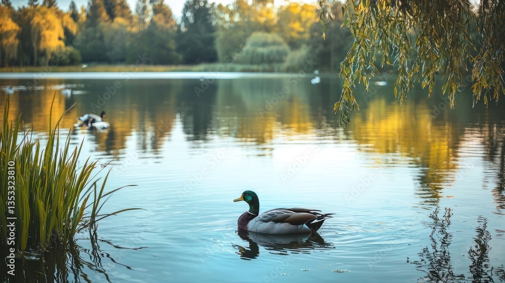 A tranquil lake habitat with reeds, waterfowl, and calm waters