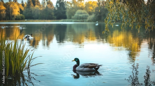 Obraz na płótnie A tranquil lake habitat with reeds, waterfowl, and calm waters w salonie