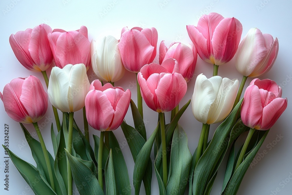 Fototapeta premium Pink and White Tulips Minimalist White Background Floral Arrangement