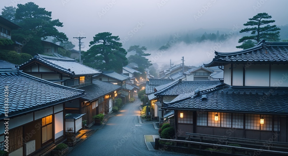 Idyllic Japanese village with tiled rooftops under morning fog Idyllic Japanese village with tiled rooftops under morning fog