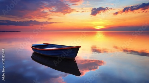 A tranquil lake reflecting the colorful sky at the horizon during sunrise