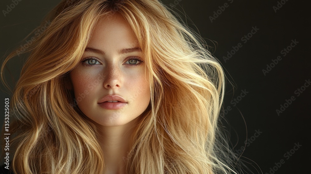 Fototapeta premium Stunning profile portrait of a woman with long flowing blonde hair and serene expression in a minimalist setting
