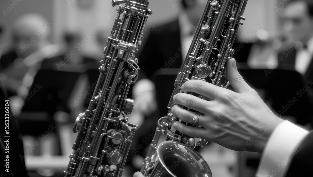 Fototapeta premium Musician Playing Saxophone on Stage During Live Orchestra Performance in Black and White