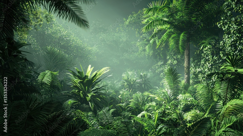 A tropical landscape with dense, humid air and lush greenery