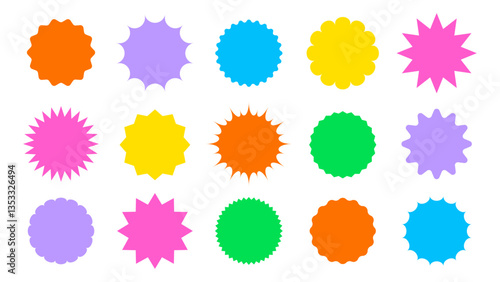 Star round sticker tag icon shape set. Circle starburst label shape for promo, sale, price offer badge sticker. Round tag shape vector icon. Sale, promo label graphic design. Vector illustration.