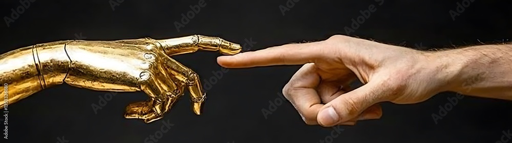 Fototapeta premium Golden robotic hand and human hand touching fingertips in close up