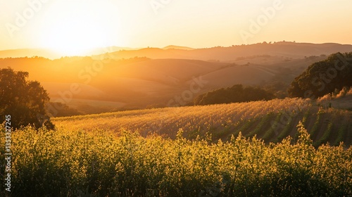 Golden Hour over a Picturesque Vineyard in Rolling Hills Landscape