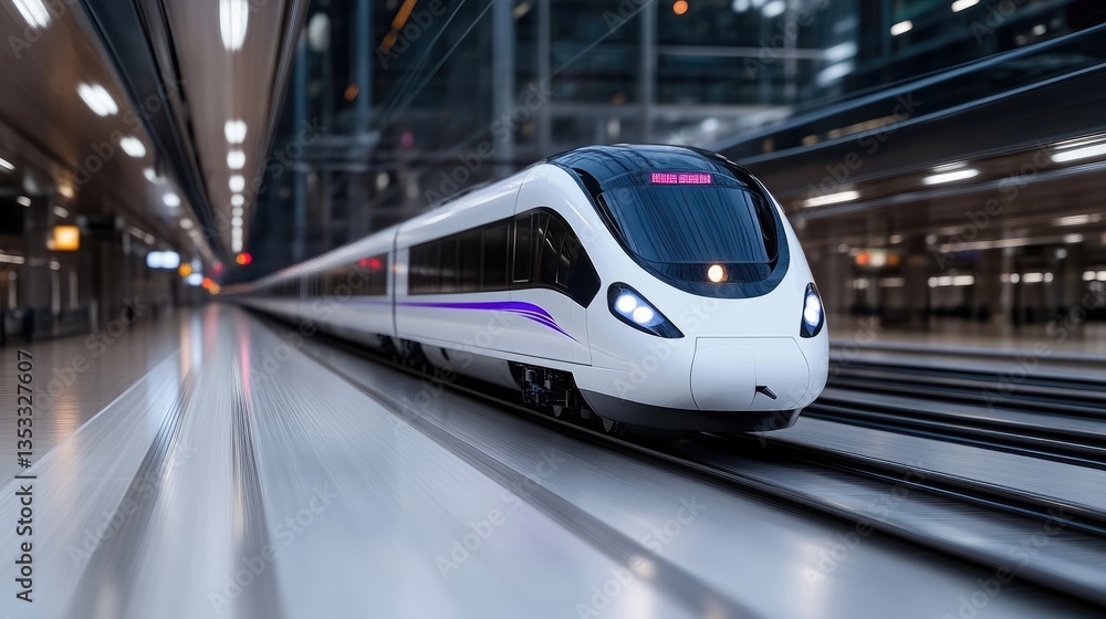 Modern high-speed train entering station. Interior of a modern train station with a sleek, white train moving quickly through the platform. Modern high-speed train entering station. Interior of a modern train station with a sleek, white train moving quickly through the platform.