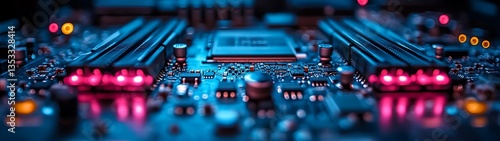 Macro photograph of a computer motherboard with glowing colorful lights