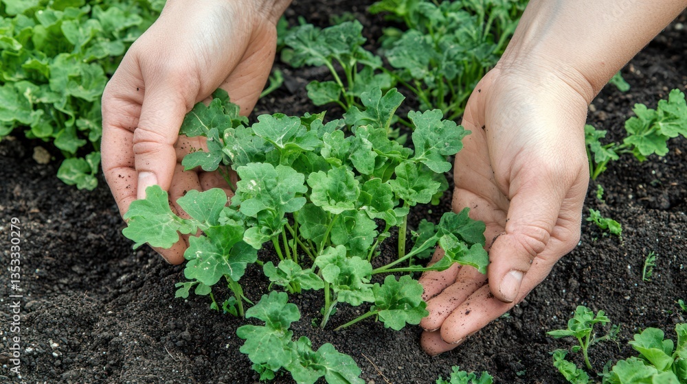 Hands cradling fresh soil with new green plants growing in it.
