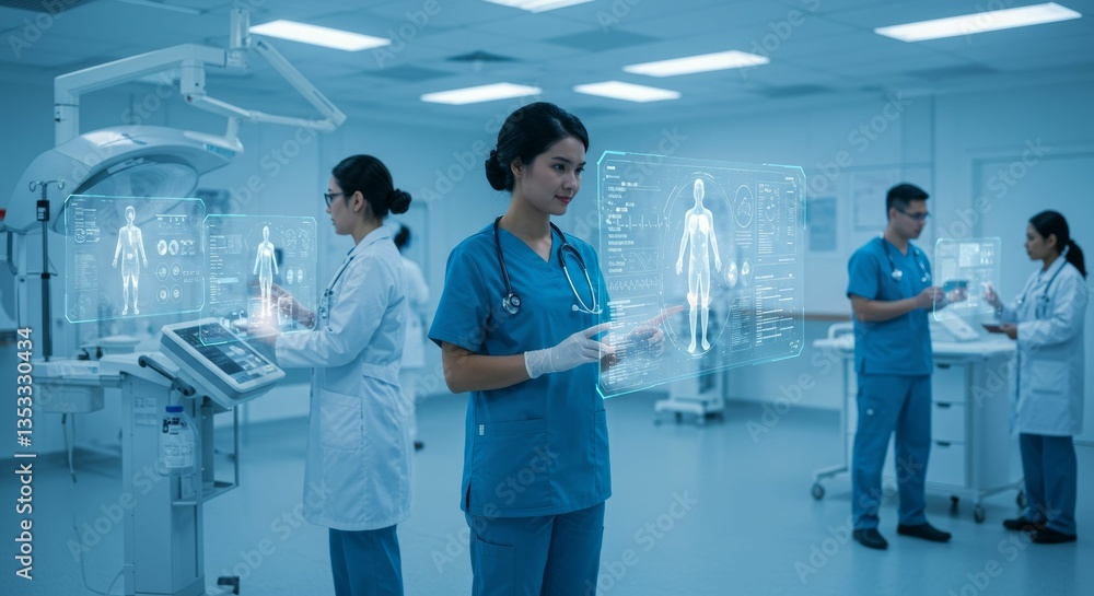 Obraz premium Medical team analyzing patient data on digital interface in operation room