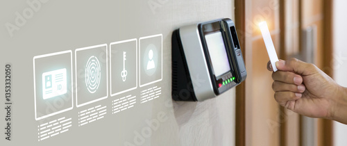 Photos Hand scanning proximity ID card on reader access control system for door unlock with security icons for identity or verification identify for safety detect fingerprint scan or check attendance