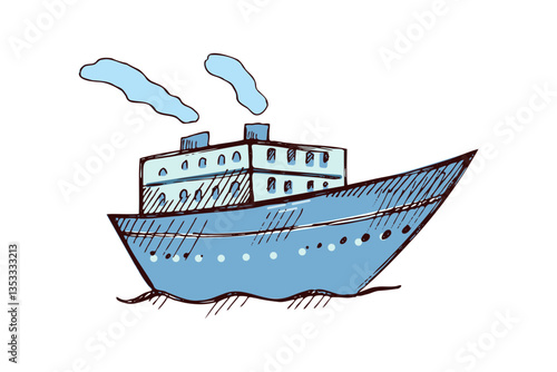 Hand drawn  colored sketch of ship, steamboat, steamship. Vintage vector illustration isolated on white background. Doodle drawing.