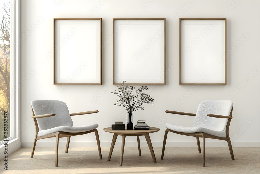 Three Empty Photo Frames for Mockup in Modern Living Room Three Empty Photo Frames for Mockup in Modern Living Room