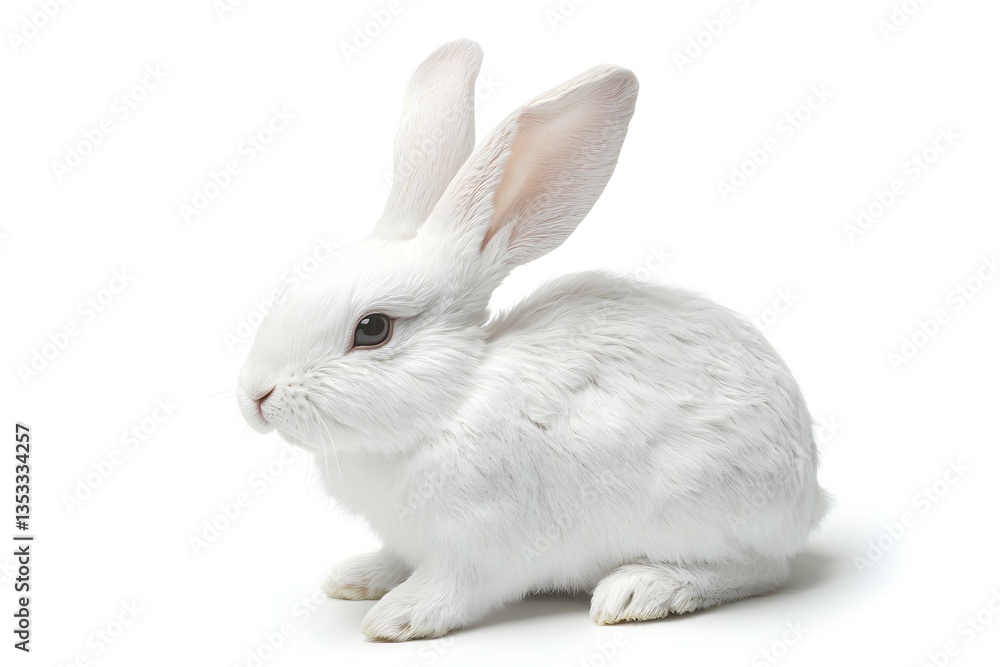 White Rabbit on White Background with Soft Fur and Gentle Eyes White Rabbit on White Background with Soft Fur and Gentle Eyes