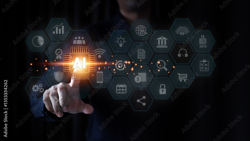 Hand and virtual AI technology analyzing for brain digital system development or big data knowledge learning innovation or future digital transformation and strategy for business management. Hand and virtual AI technology analyzing for brain digital system development or big data knowledge learning innovation or future digital transformation and strategy for business management.
