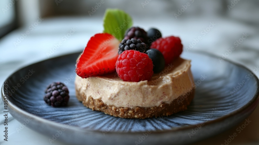 Delicate Raw Vegan Cheesecake with Nut Crust and Fresh Berries on Elegant Plate - Healthy Dessert Concept Delicate Raw Vegan Cheesecake with Nut Crust and Fresh Berries on Elegant Plate - Healthy Dessert Concept