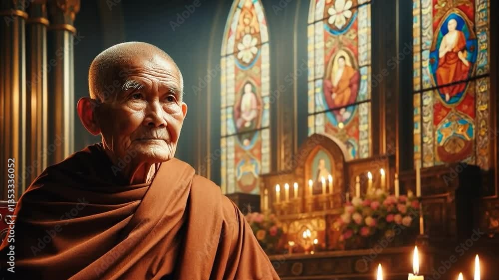 Serene Monk in Temple: An elderly monk in traditional robes, radiates tranquility amidst the warm glow of candlelight and the colorful stained glass of a historic temple. Serene Monk in Temple: An elderly monk in traditional robes, radiates tranquility amidst the warm glow of candlelight and the colorful stained glass of a historic temple.