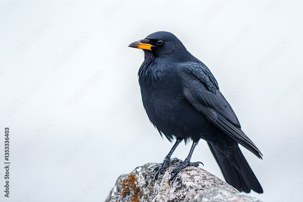Fototapeta premium Black Bird Sitting on Stone Surface Against White Background