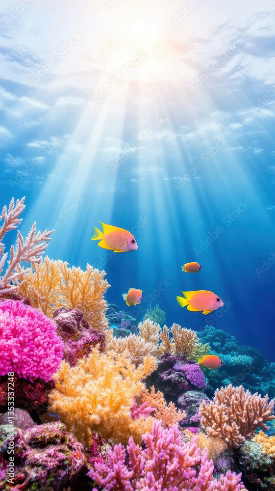 Obraz premium Vibrant coral reef teeming with exotic fish, showcasing stunning underwater landscape illuminated by sunlight. colorful corals and diverse marine life create serene and captivating scene